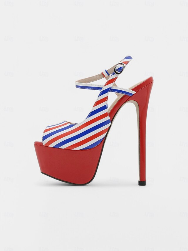 Stiletto Red Platform Heels Women's White and Blue Striped