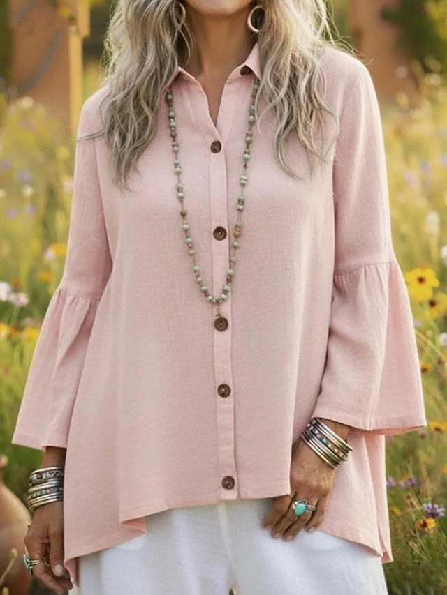 Women's Shirt Cotton Linen Shirts Blouse Patchwork Buttons