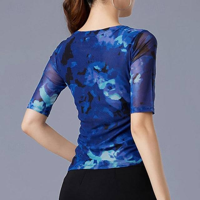 Latin Dance Ballroom Dance Top Printing Splicing Tulle