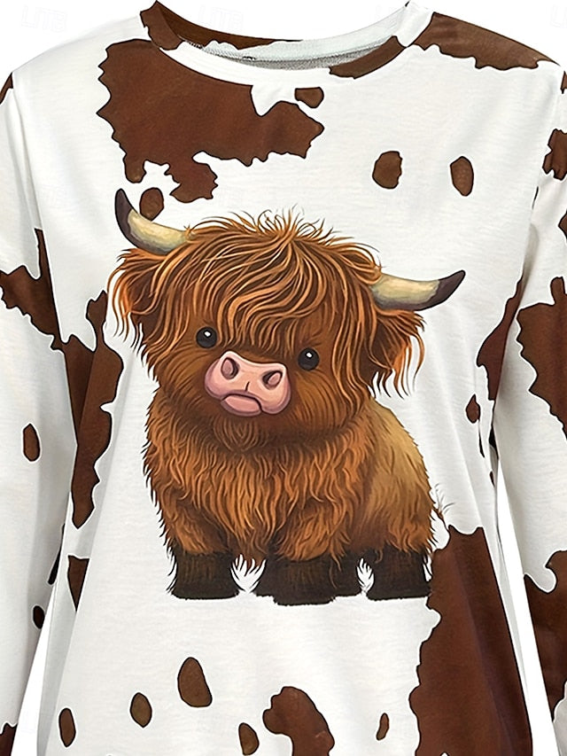 Women's T shirt Long Sleeve Graphic Animal Cow Vintage