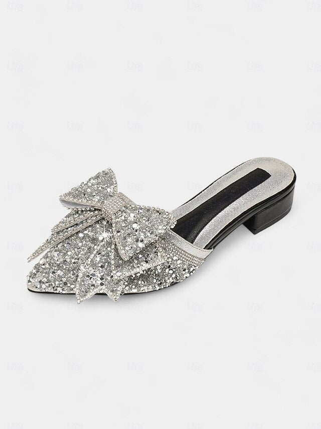 – Rhinestone-Bow Flat for Parties and Black Mules Perfect