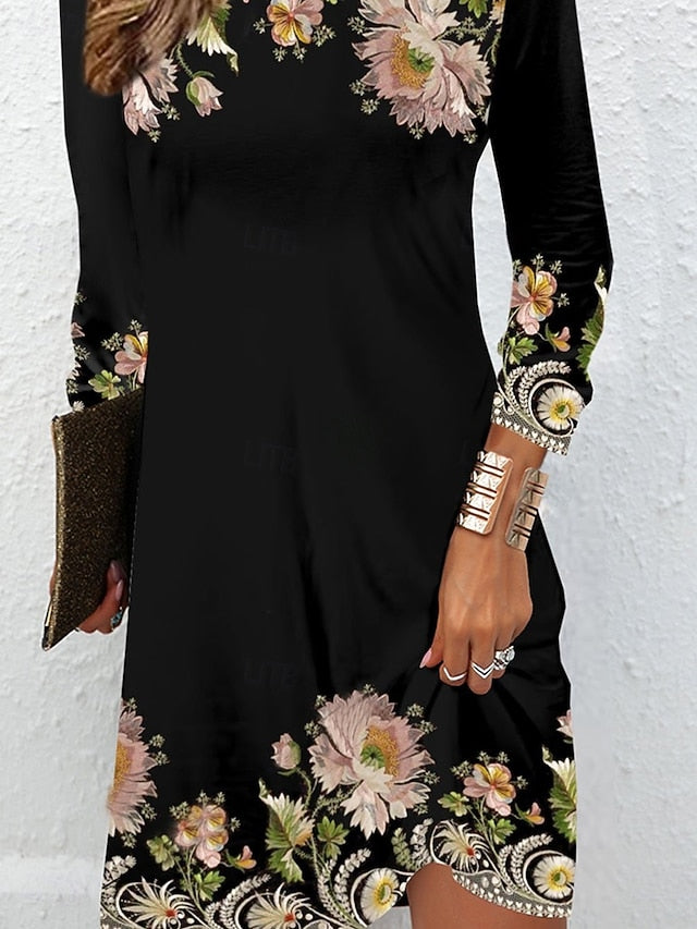 Women's Mini Dress Crew Neck Long Sleeve Petite Dress T