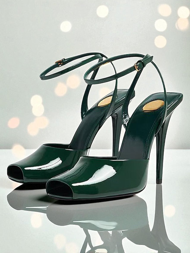 High Leather Dark Peep Women's Green Toe Heels Patent -