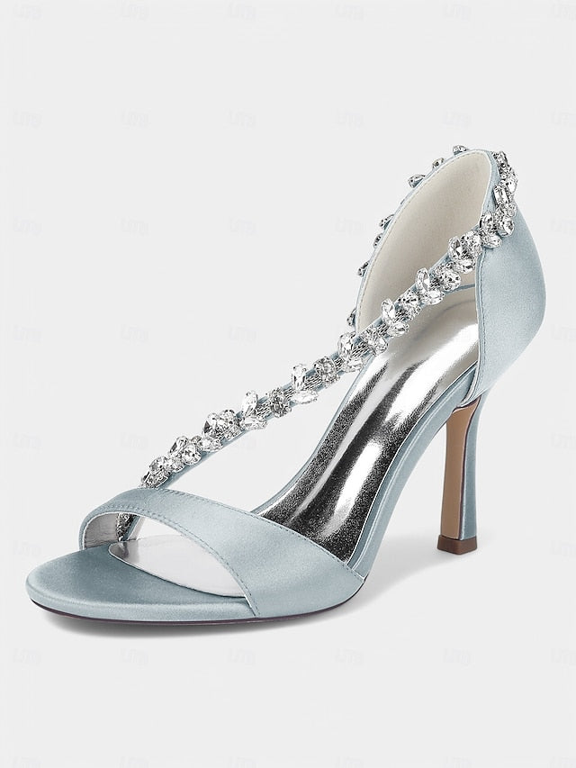 Crystal Heels Satin Champagne Women's – T-Strap with High