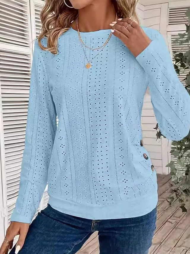 Women's T Shirt Eyelet Plain Fashion Modern Long Sleeve