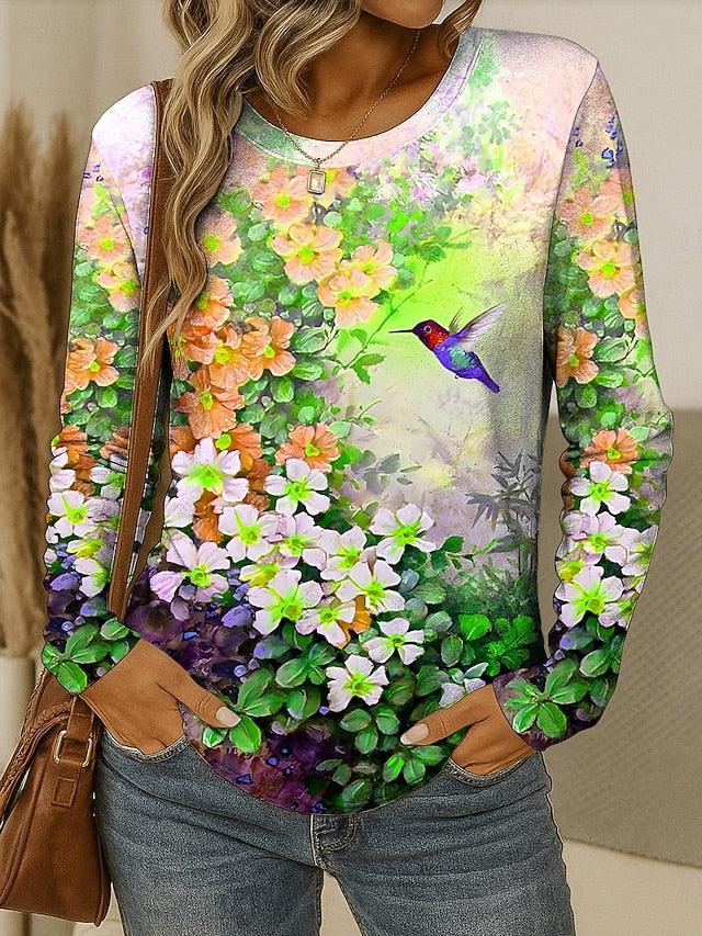 Women's T shirt Crew Neck Long Sleeve Tunic Floral Graphic