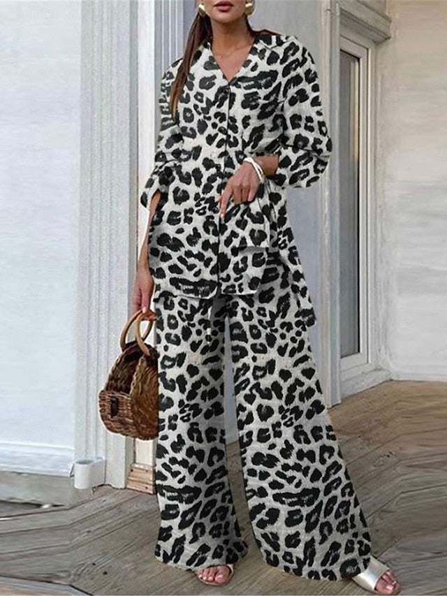 Women's Shirt Wide Leg Pants Long Sleeve Shirt Collar