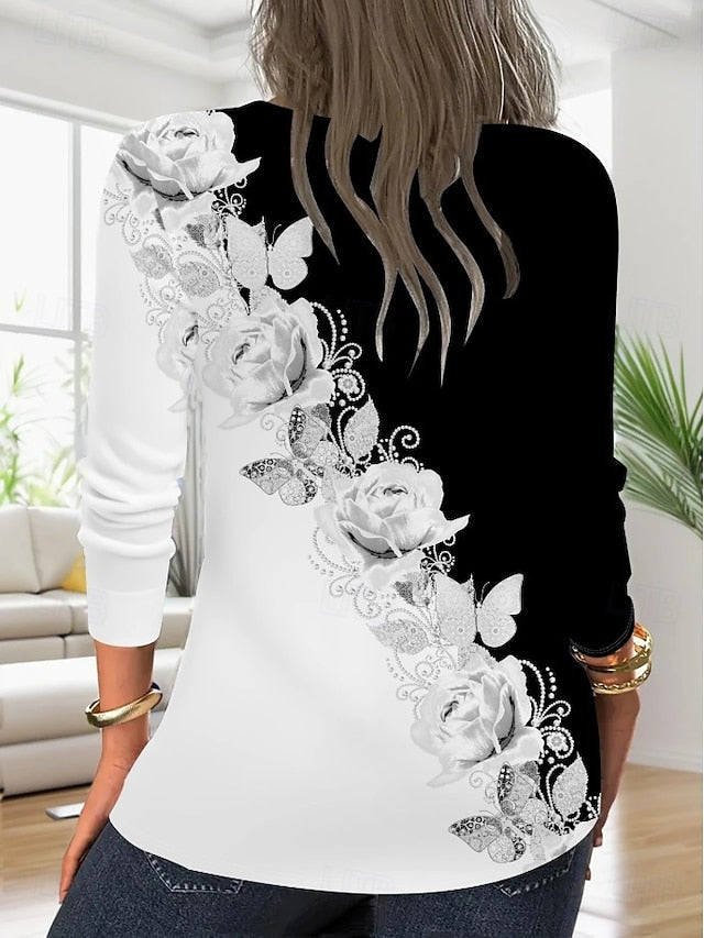 Women's T shirt Long Sleeve V Neck Long Sleeve Tunic Floral