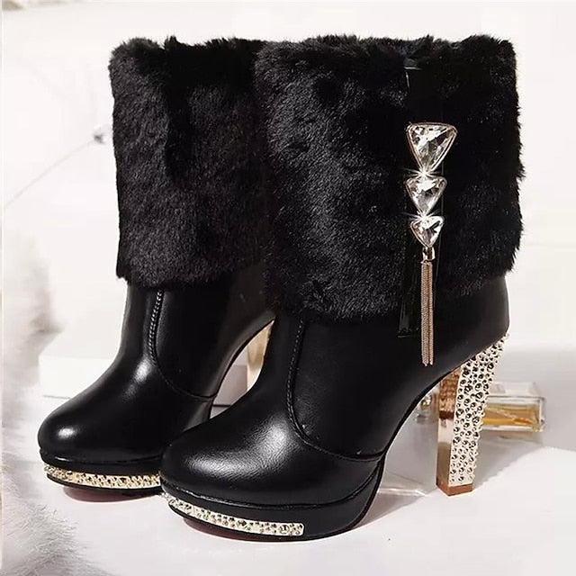 with White Heels Women's Fur Rhinestone Ankle Boots Faux -