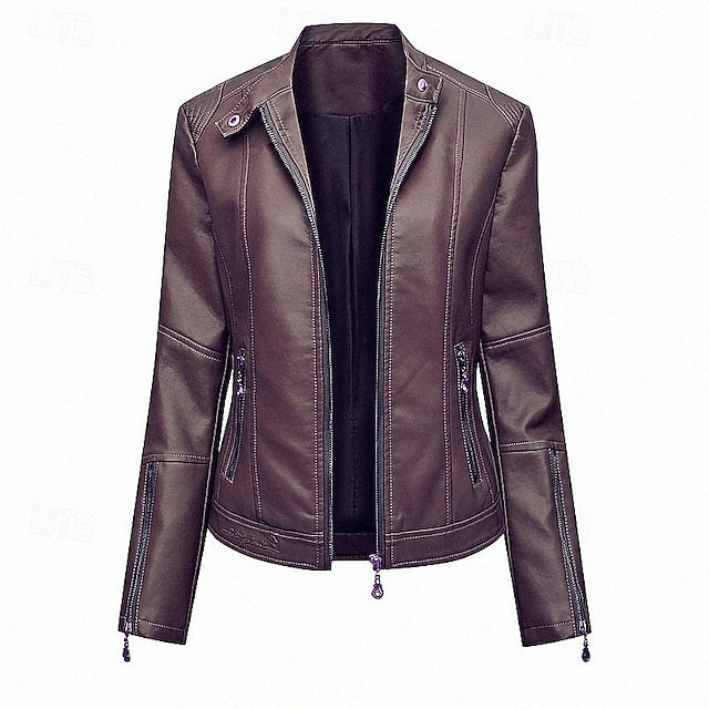 Leather Jacket Pocket Faux Women's Comfortable Zipper