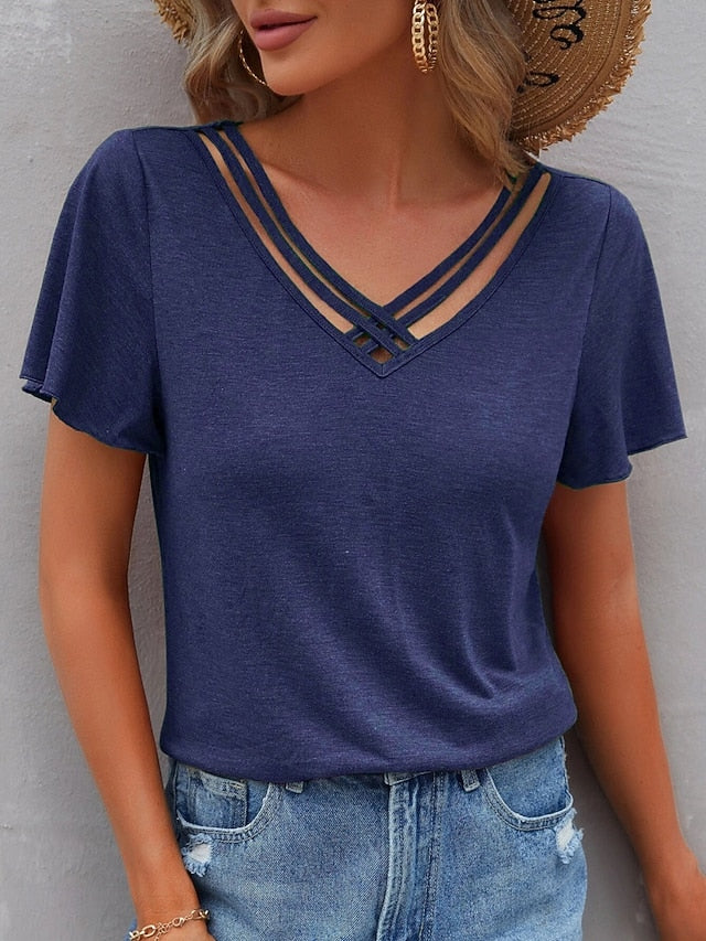 Women's T Shirt Tee Top Criss-Cross Hollow Out Plain