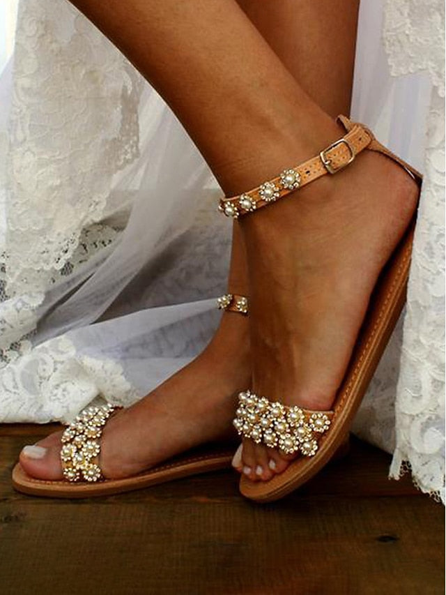 with Floral Straps Beaded Flat Ankle Chic Boho Sandals for