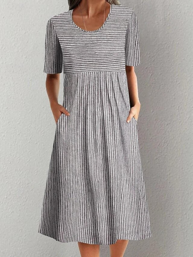 Women's Jumper Dress Stripe Ruched Print Crew Neck Midi