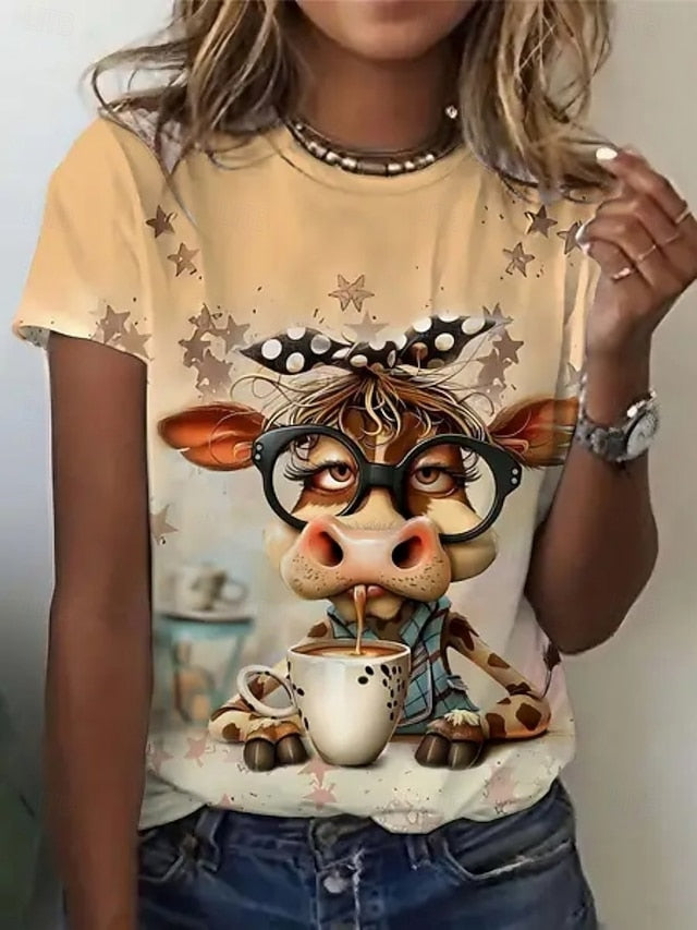 Women's T Shirt Print Graphic Animal Cow Vintage Stylish