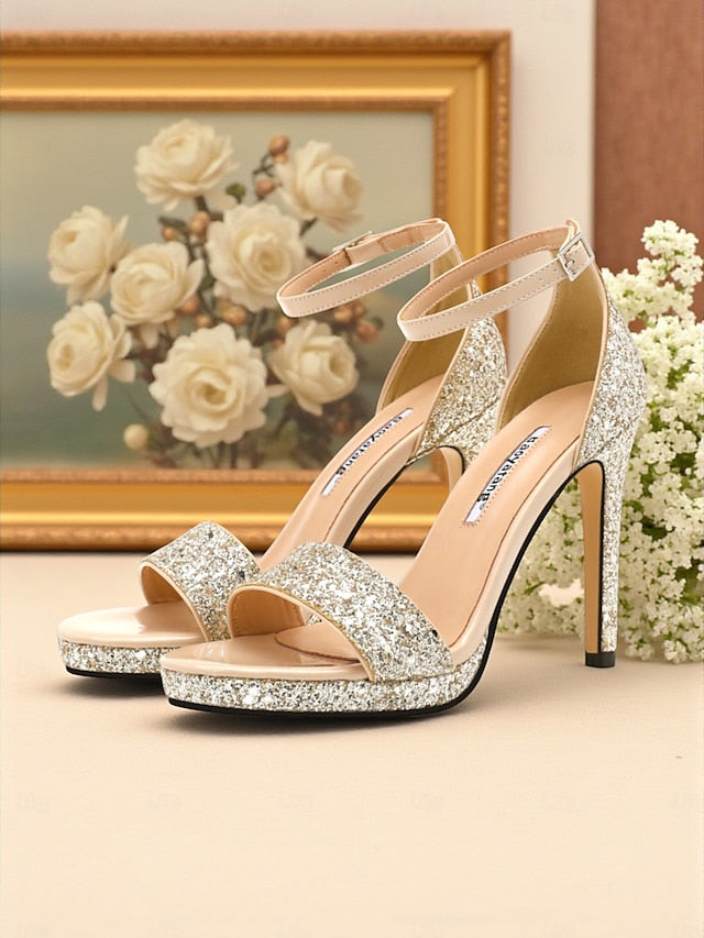 Sandals Silver Glitter Ankle Heel Women's Strap High with