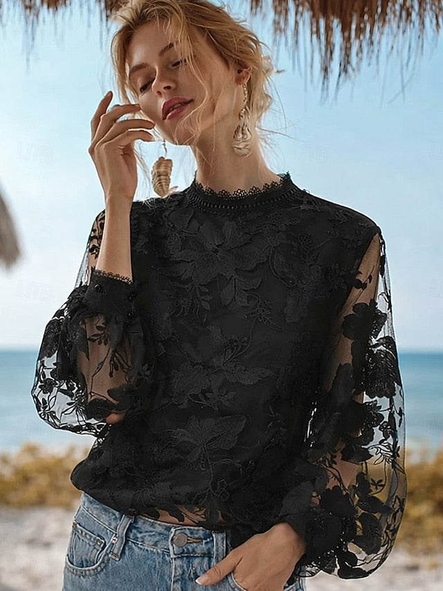 Women's Blouse Lace Solid Color Stylish Basic Casual Long