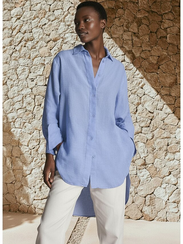 Women's Shirt Button Up Faux Cotton Linen Buttons Plain