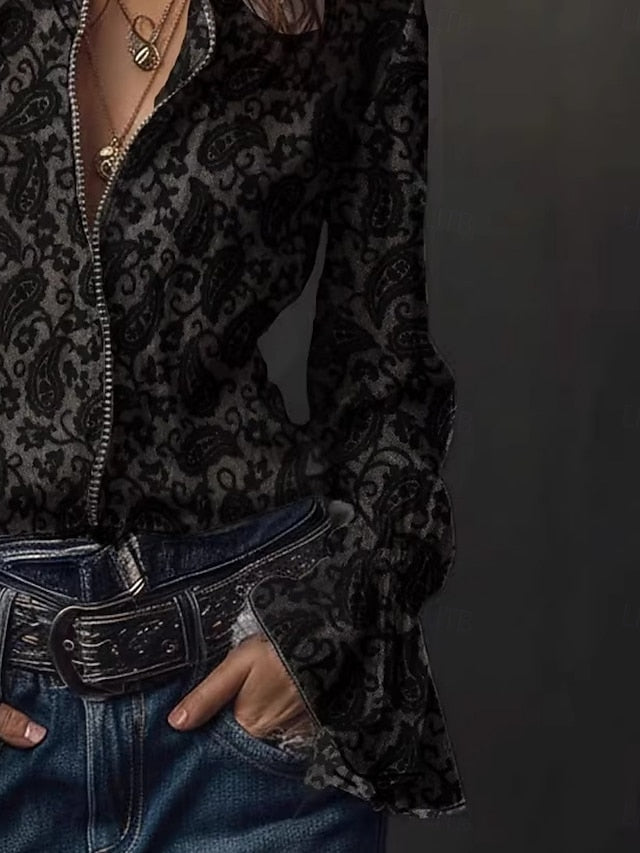 Women's Shirt Blouse Lace Tops Zipper Floral Graphic