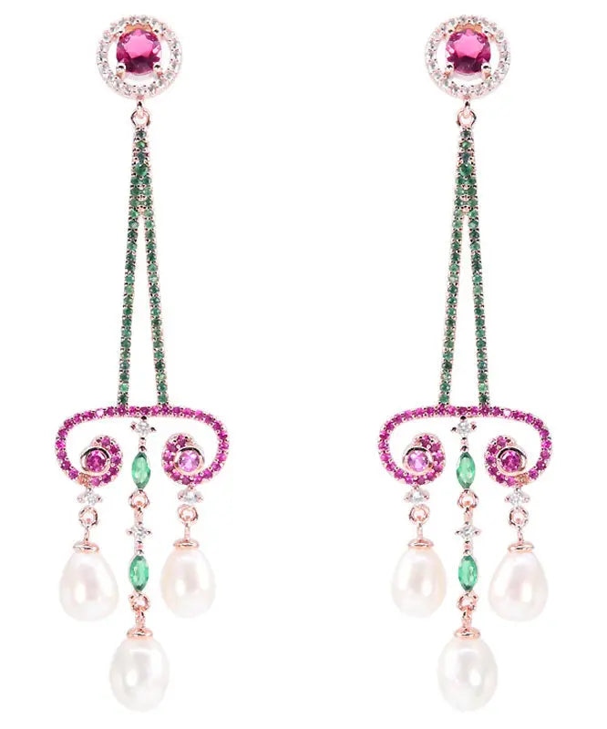 Art Purple Sterling Silver Pearl Zircon Water Drop Tassel Drop Earrings Ada Fashion