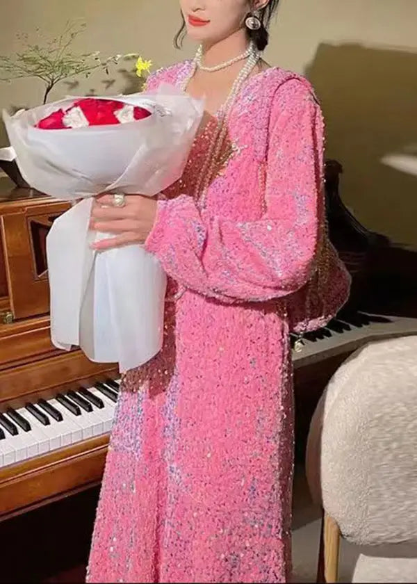 Boutique Pink V Neck Sequins Patchwork Velour Dresses Puff Sleeve Ada Fashion