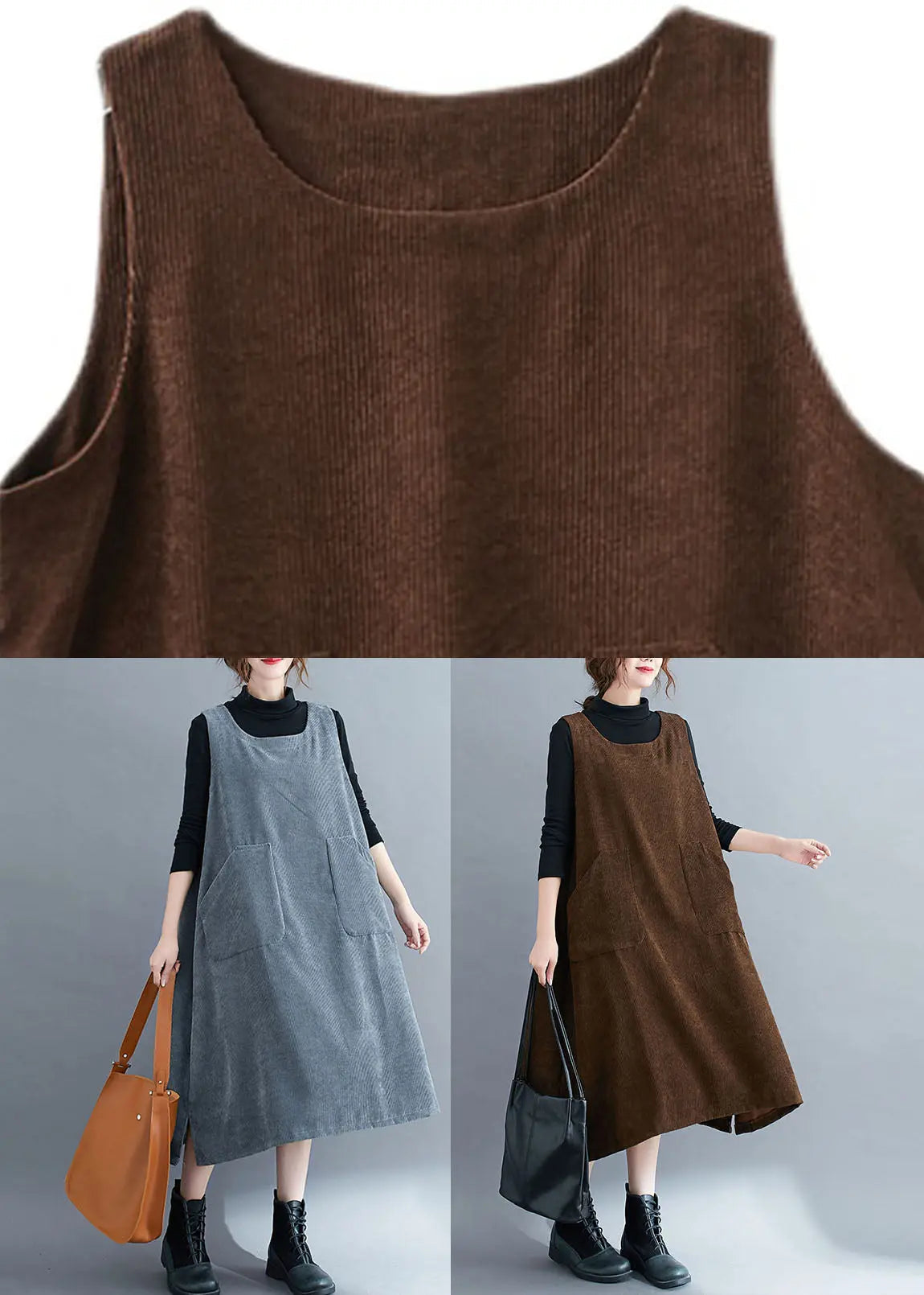 Handmade Coffee Pockets Patchwork Corduroy Sweatshirts Dress Sleeveless Ada Fashion