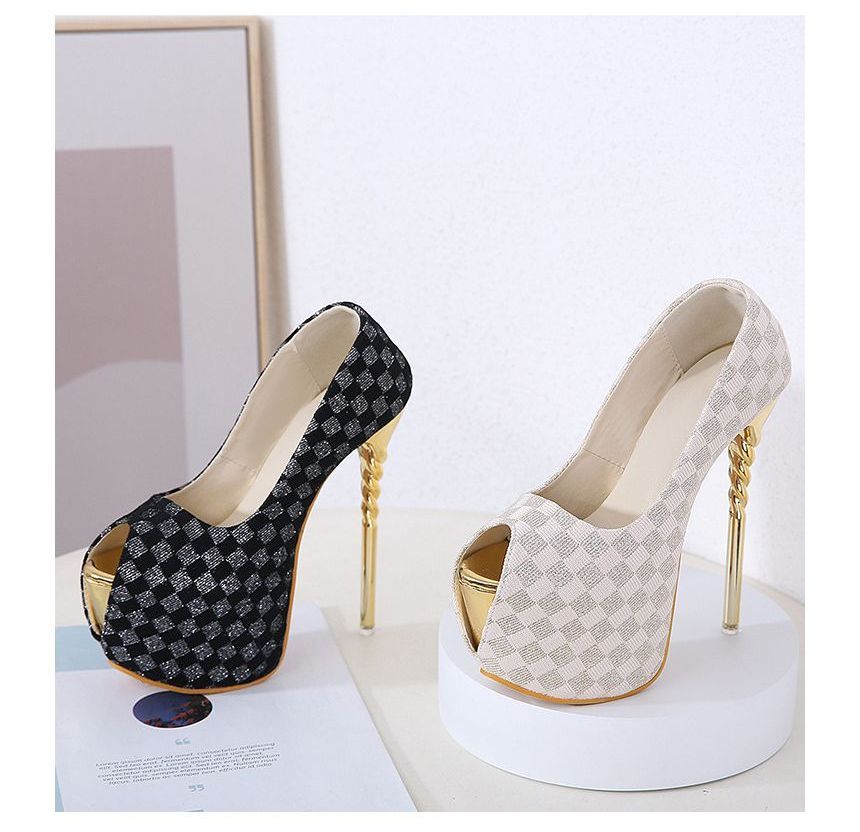 Peep-Toe Checkerboard Platform Stiletto Heel Pumps AE1055