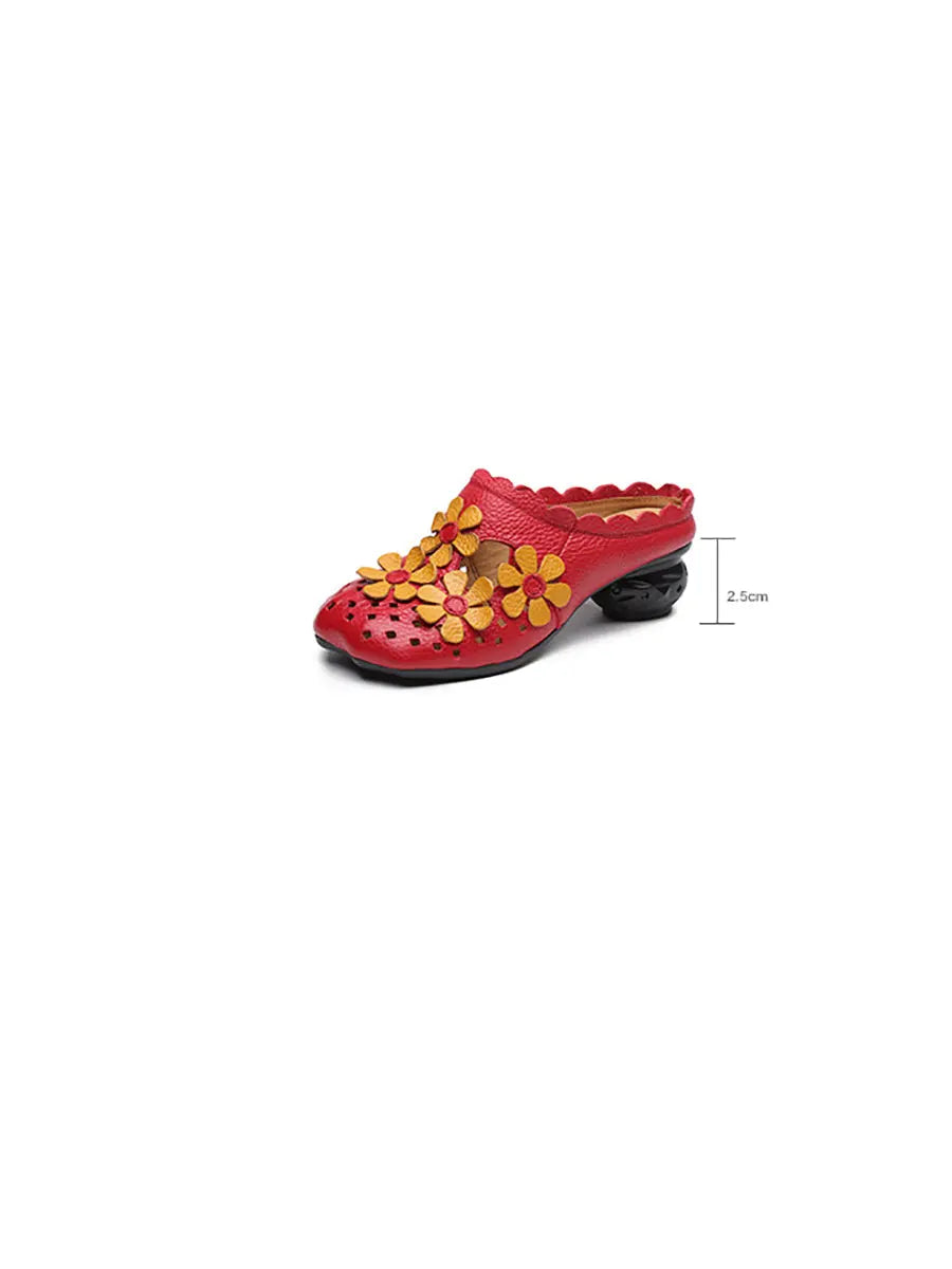 Women Summer Leather Vintage Flower Spliced Slippers Ada Fashion