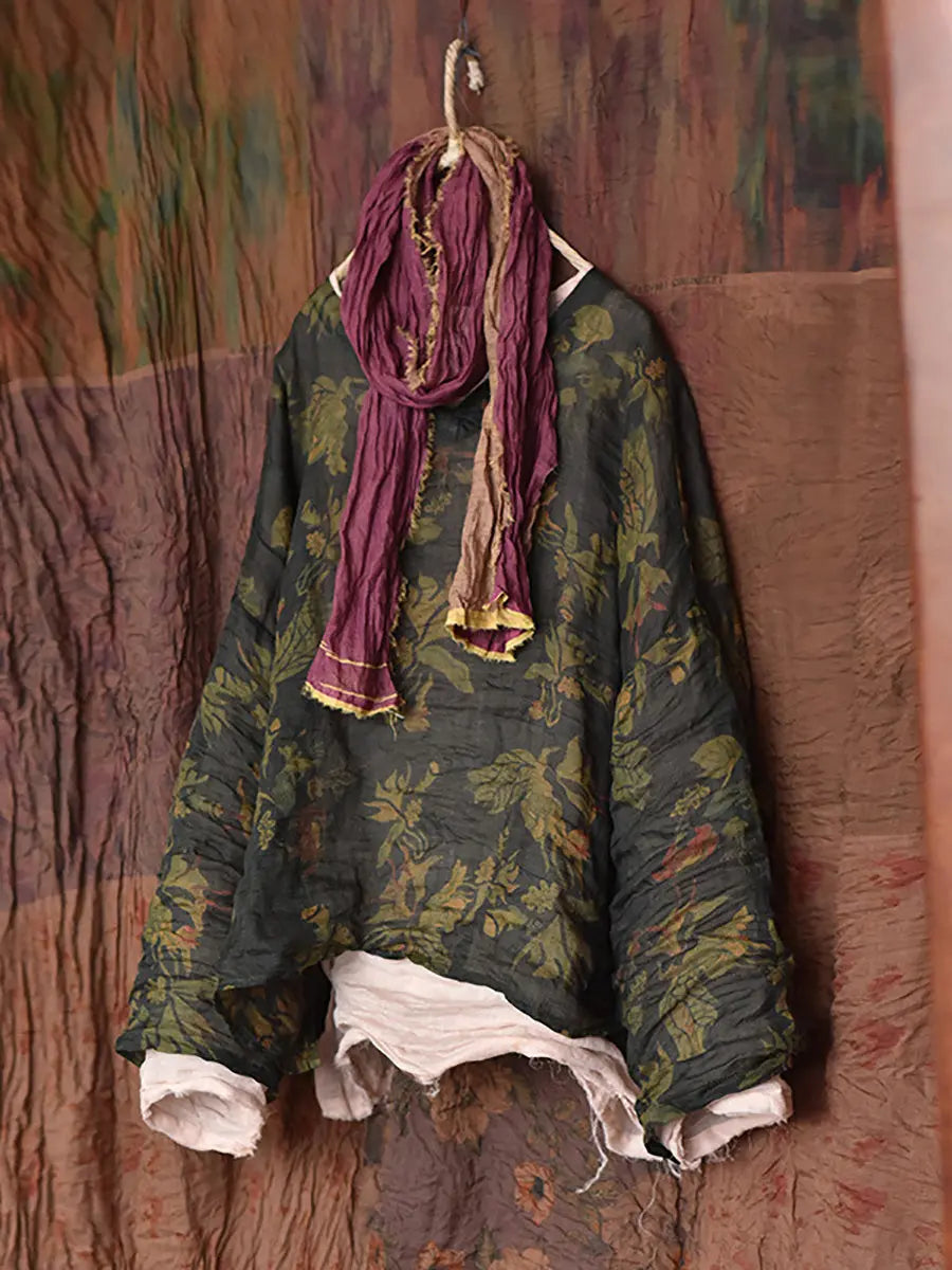 Women Vintage Floral Print V-Neck Ramie Shirt Ada Fashion