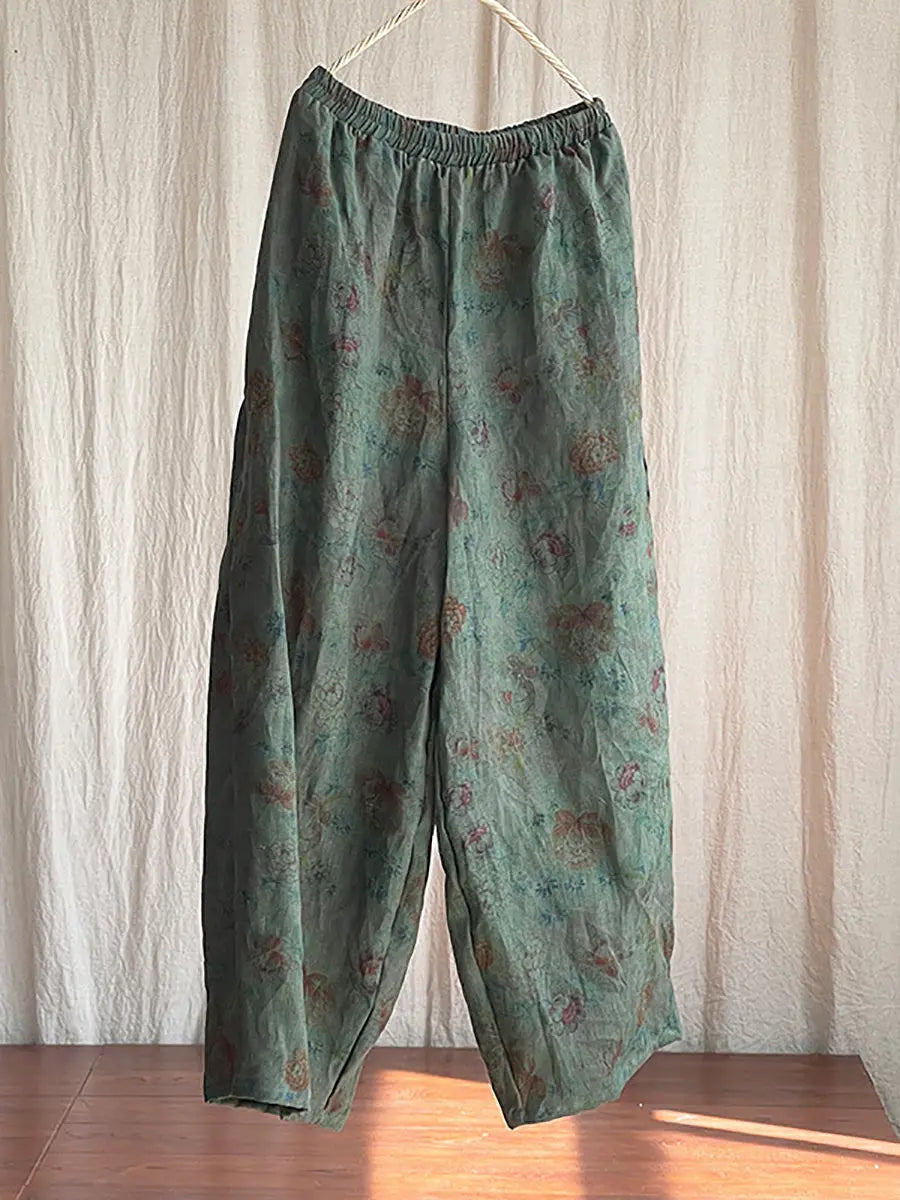 Women Vintage Floral Spring Linen Wide-leg Pants Ada Fashion