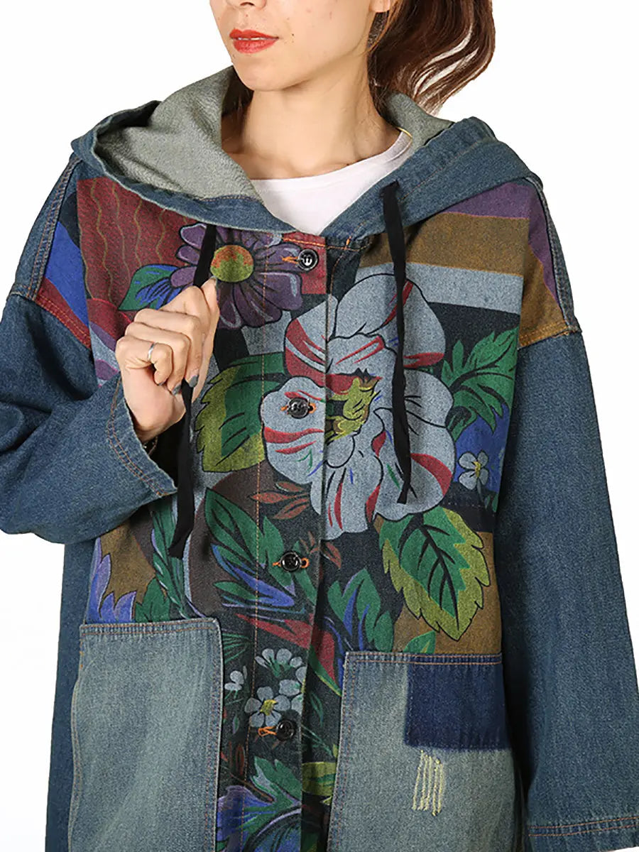 Women Vintage Flower Patch Spliced Deim Hooded Coat Ada Fashion
