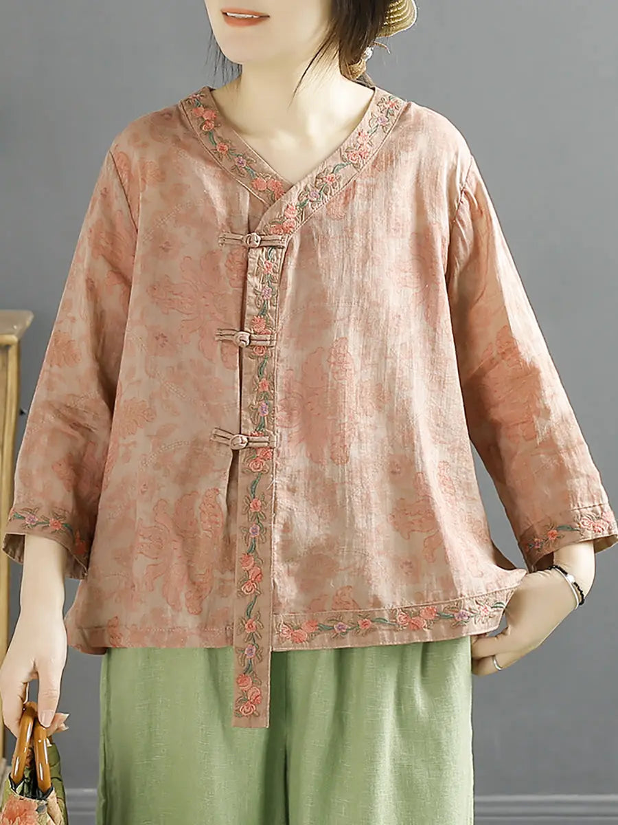 Women Vintage Flower Spliced Ramie Spring Shirt Ada Fashion