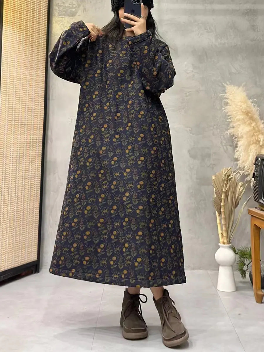 Women Vintage Flroal Long Loose Winter Padded Dress Ada Fashion