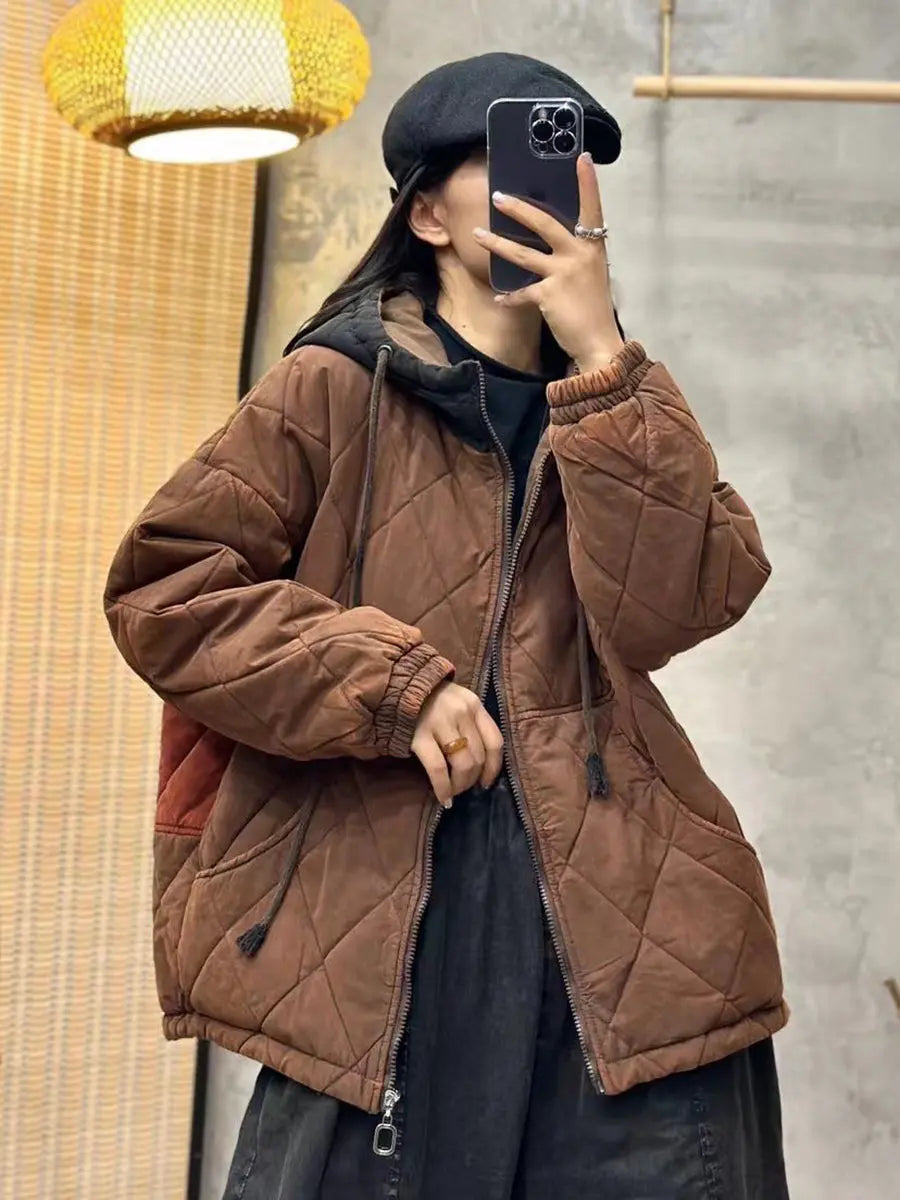Women Winter Rhomboids Colorblock Cotton Hooded Coat Ada Fashion