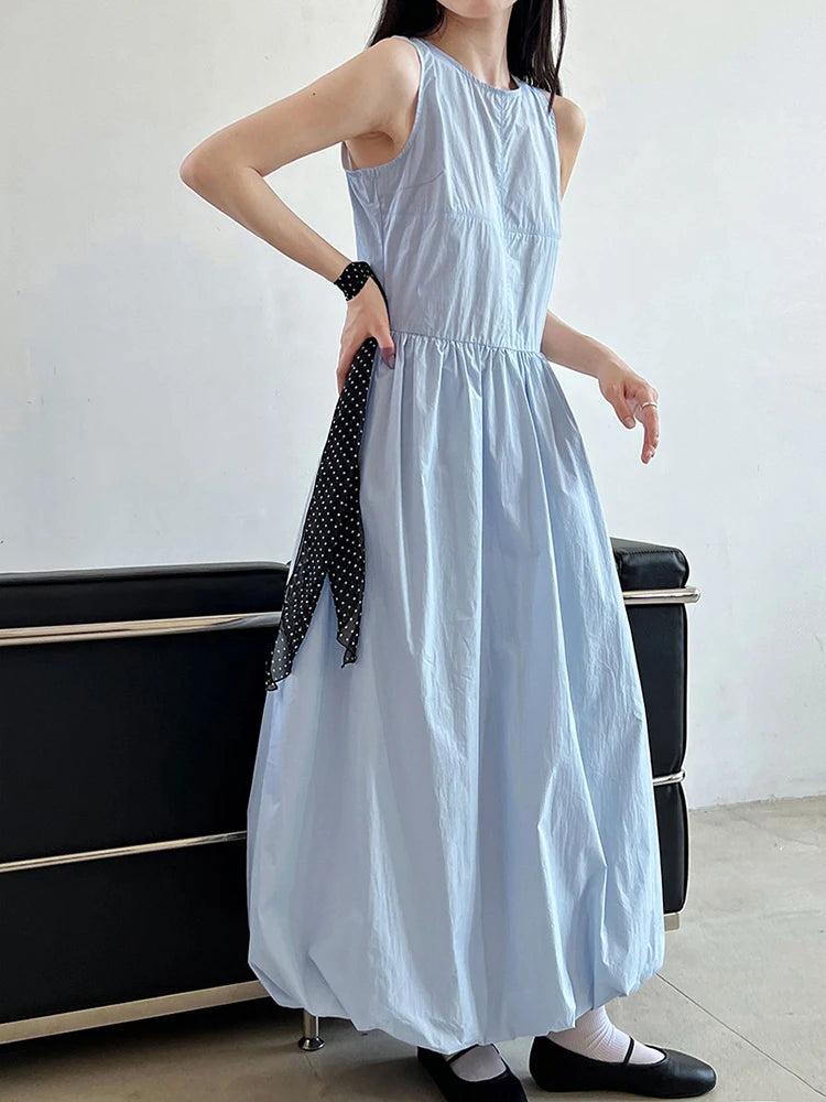 Simple Blue Puff Patchwork Dress Sleeveless O-neck Hem