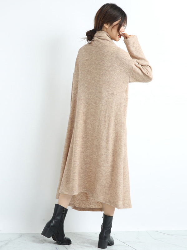 Casual Loose Cream Heaps Collar Pockets Long Sleeve Knit Dress AN1074