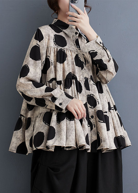 Plus Size Black Peter Pan Collar Dot Wrinkled Cotton Shirts Fall RY023