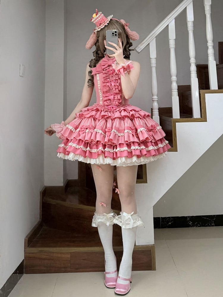 Dress Lolita Idol Accents Pink Rose Ruffle Bow Tiered Neck Sweet Halter Skirt