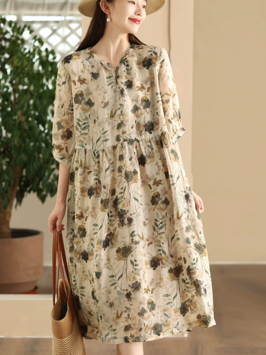 Women Summer Artsy Floral V-Neck Loose Ramie Dress LL020