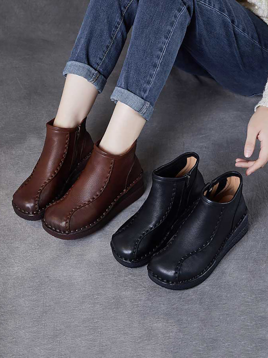 Women Retro Soft Leather Spliced Fleece-lined Mid-Heel Boots