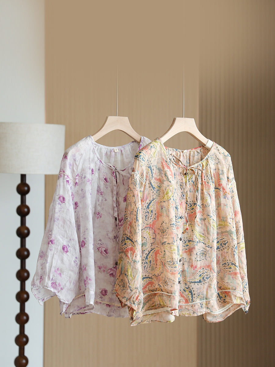 Chemise boutonnée d'été en ramie à fleurs vintage pour femmes RR1013