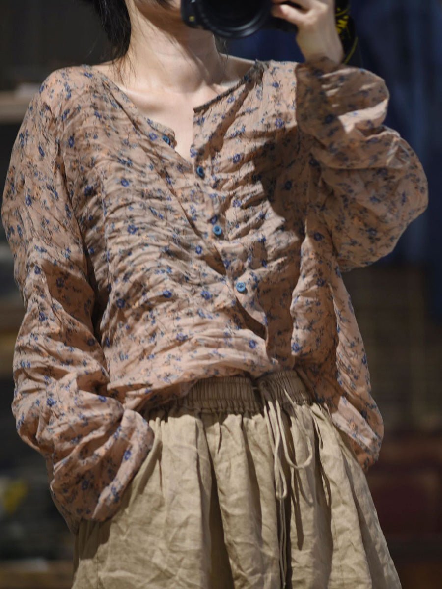 Button Shirt Floral Ramie Women O-Neck Vintage Autumn