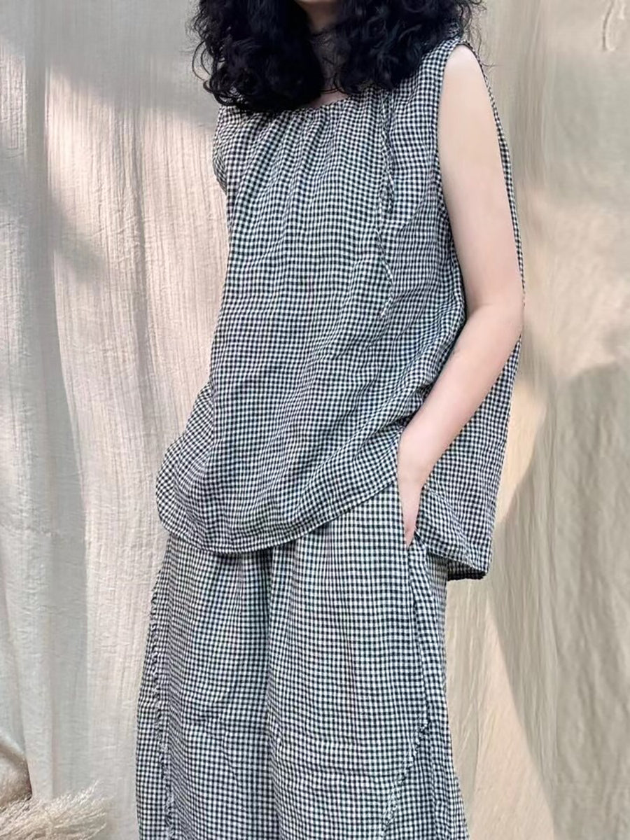 Plus Size Women Vintage Lattice Summer Cotton Linen Suits IO1030