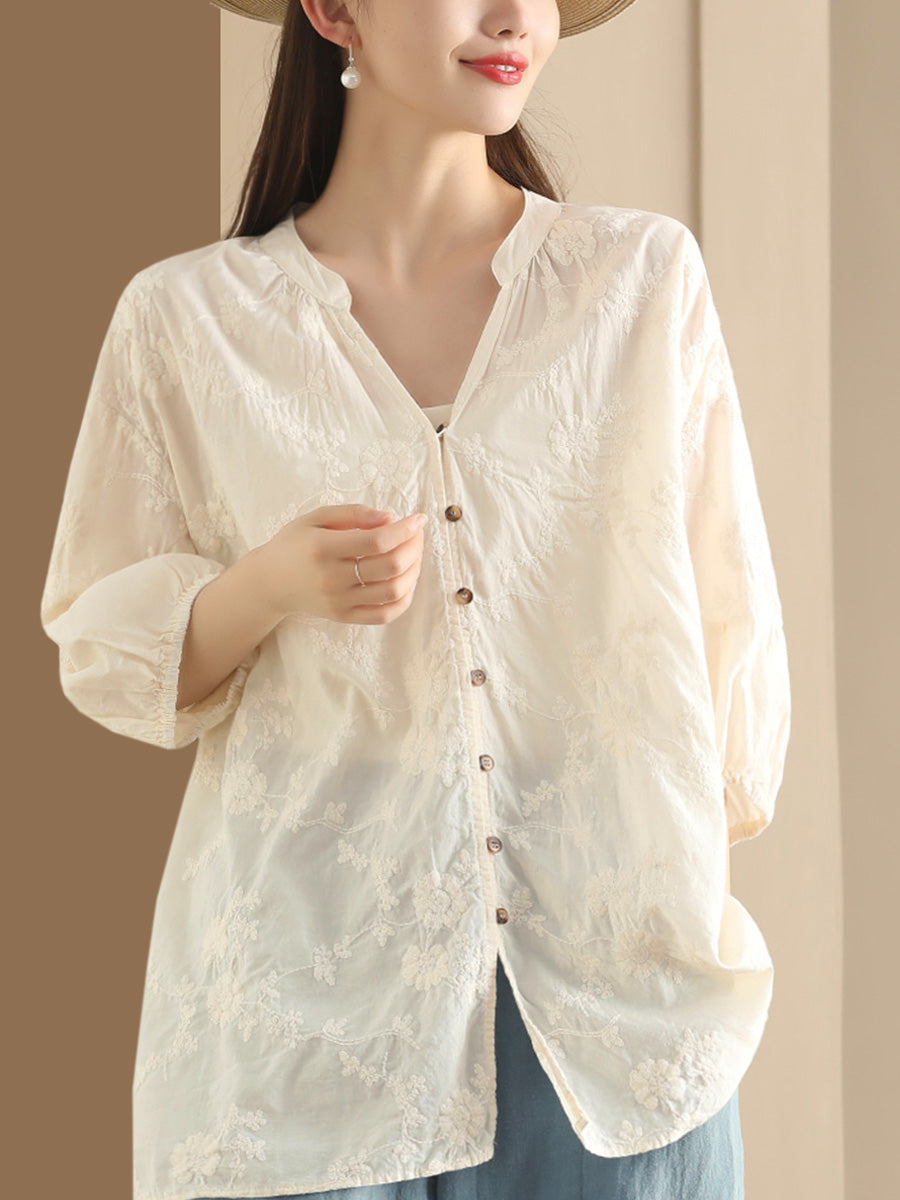 Women Summer Artsy Flower Jacquard Thin Button Cotton Shirt CX037