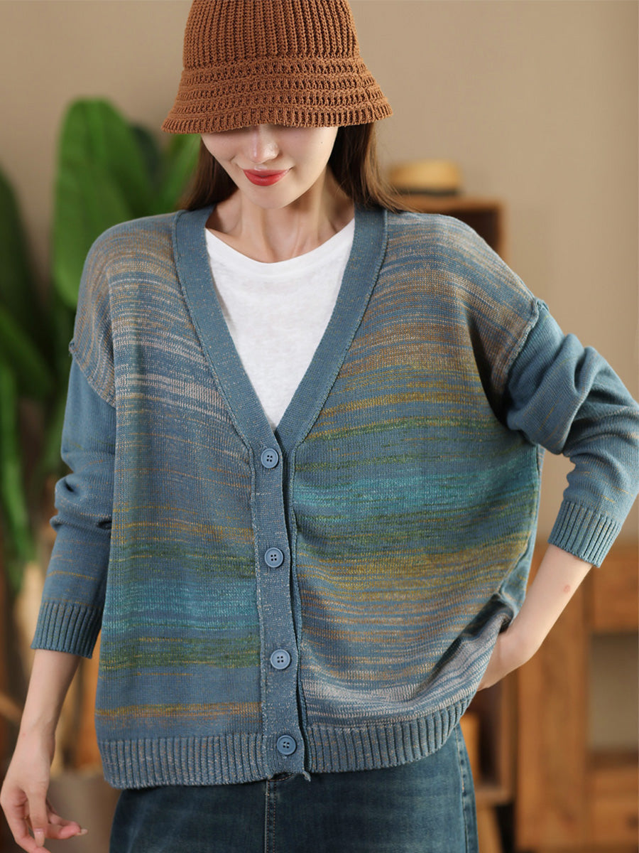 Women Autumn Artsy Colorful Knit V-Neck Cardigan Sweater AI1077