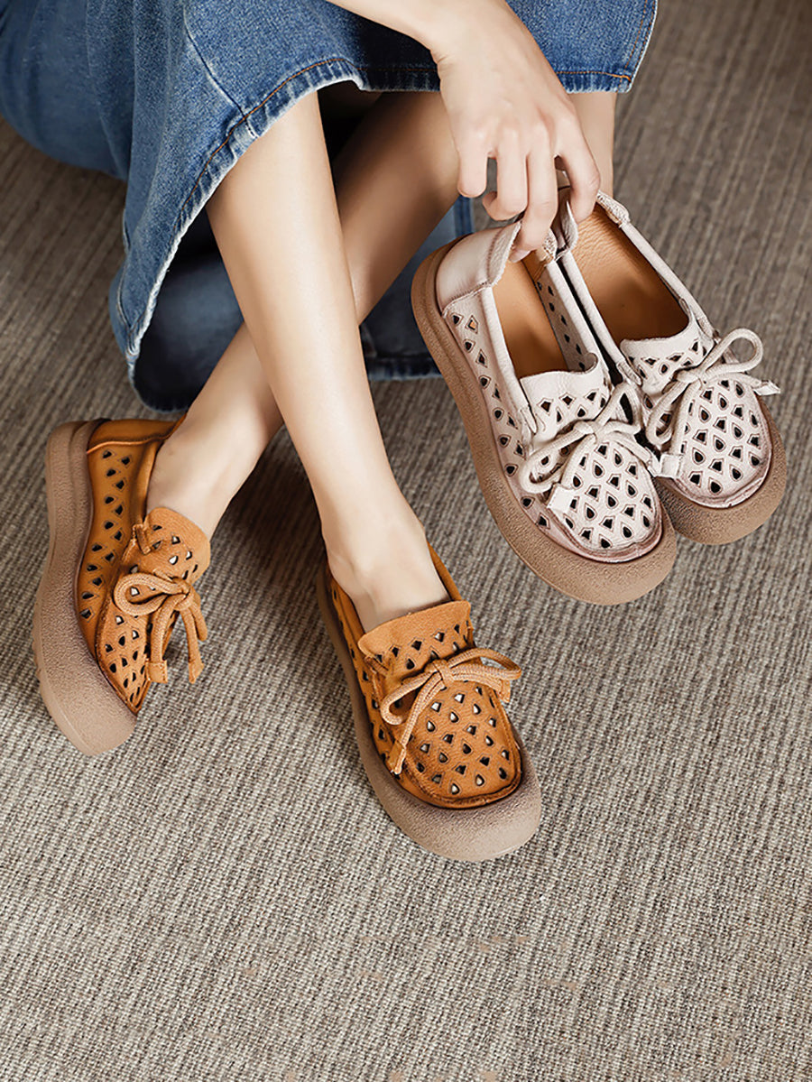 Women Flat Genuine Shoes Hollow Out Summer Leather
