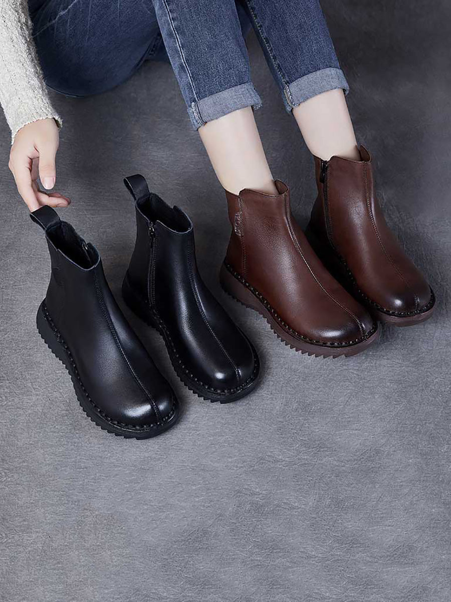 Women Retro Genuine Leather Zippper Mid-Heel Boots