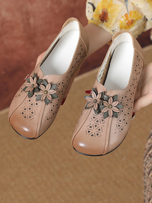 Women Vintage Leather Flower Cutout Flat Shoes PA1026