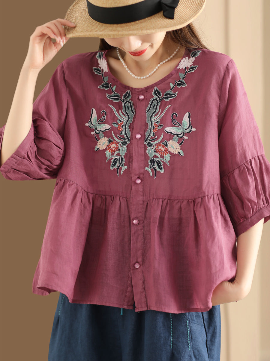 Women Ethnic Flower Embroidery Summer Ramie Shirt QW1015