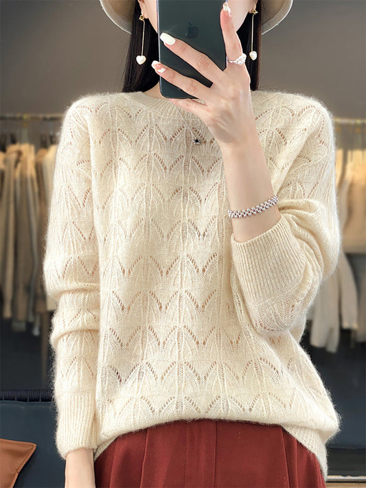 Women Autumn O-Neck Wool Hollow Out Knit Sweater AX1078