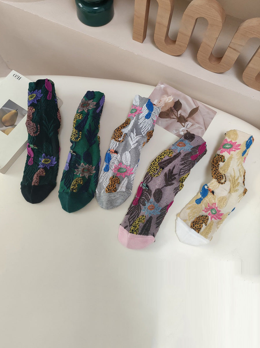 5 Pairs Women Winter Flower Animals Jacquard Socks AX1061